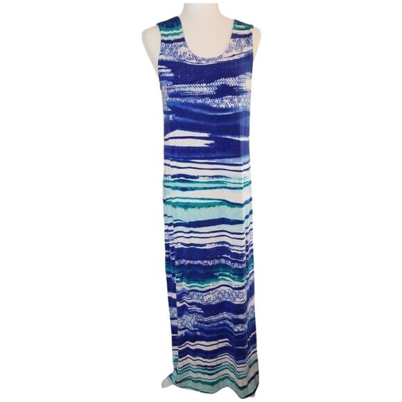 Chico's 1 Calming Waves Thandie Jersey Maxi Dress Sleeveless Blue Size Small - Picture 1 of 7